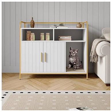 Cat Litter Box Enclosure - Hidden Litter Box Furniture with 2 Open Compartments