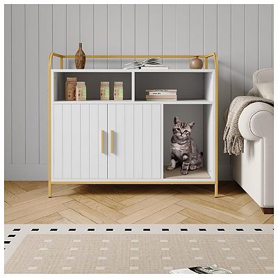 Cat Litter Box Enclosure - Hidden Litter Box Furniture with 2 Open
