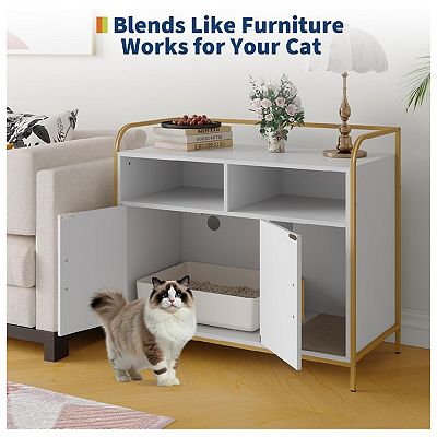 Cat Litter Box Enclosure - Hidden Litter Box Furniture with 2 Open