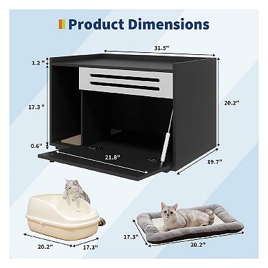 Modern Litter Box Enclosure Cabinet, Concealed Litter Box with Vent Door/Left Side Storage Drawer