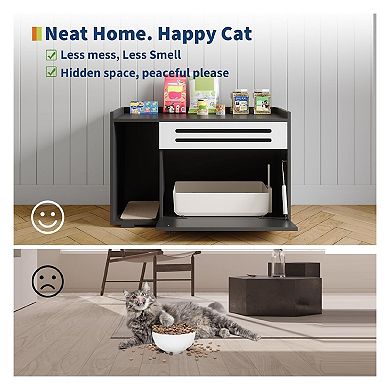 Modern Litter Box Enclosure Cabinet, Concealed Litter Box with Vent Door/Left Side Storage Drawer