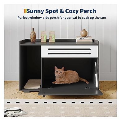 Modern Litter Box Enclosure Cabinet, Concealed Litter Box with Vent Door/Left Side Storage Drawer