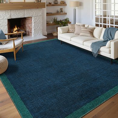 Bordered Machine Washable Rug with Rubber Backing Solid Non Shedding Low Pile Thin Foldable Carpet