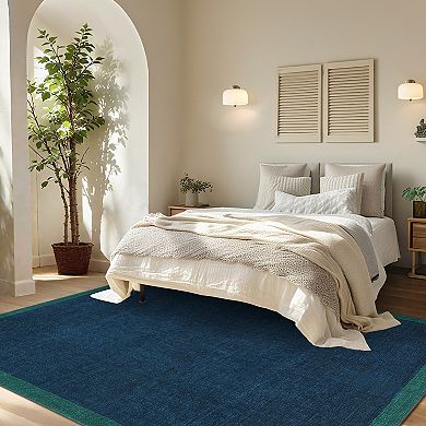 Bordered Machine Washable Rug with Rubber Backing Solid Non Shedding Low Pile Thin Foldable Carpet