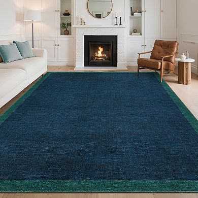 Bordered Machine Washable Rug with Rubber Backing Solid Non Shedding Low Pile Thin Foldable Carpet