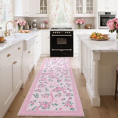 Modern Washable Area Rug with Flowers and Ribbons Pattern Soft Ultra Thin Non Slip Mat for Bedroom