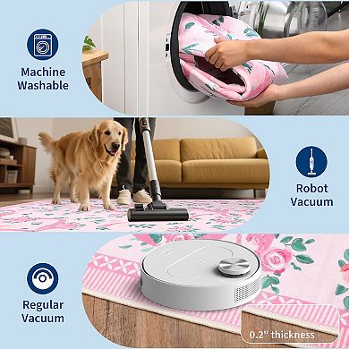 Modern Washable Area Rug with Flowers and Ribbons Pattern Soft Ultra Thin Non Slip Mat for Bedroom