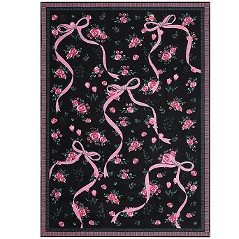 Modern Washable Area Rug with Flowers and Ribbons Pattern Soft Ultra Thin Non Slip Mat for Bedroom