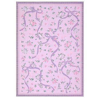 Modern Washable Area Rug with Flowers and Ribbons Pattern Soft Ultra Thin Non Slip Mat for Bedroom