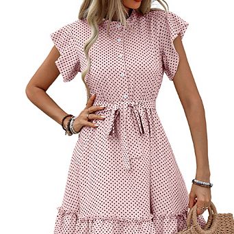 Women's Summer Polka Dot Dress Cute Ruffle Sleeve Tie Dress Polka Dot Dress With Ruffle Short Sleeve