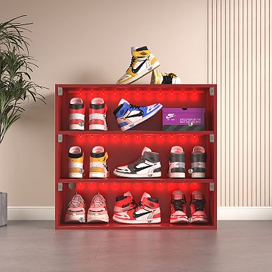 GOODSILO Premium LED Light Shoe Display Cabinet - Three-Tier Glass Door Storage for Sneakers