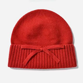 Women's Soft Knit Cuffed Beanie Hat with Ribbed Foldover Hem and Delicate Bow Detail