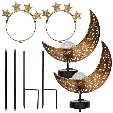 Solar Moon & Star Stake Lights, Crackle Glass Globe Decorative Lamps, IP54 Waterproof for Garden & Y