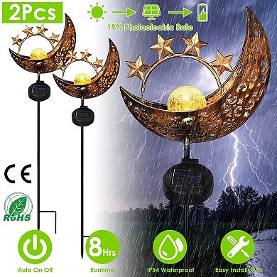 Solar Moon & Star Stake Lights, Crackle Glass Globe Decorative Lamps, IP54 Waterproof for Garden & Y