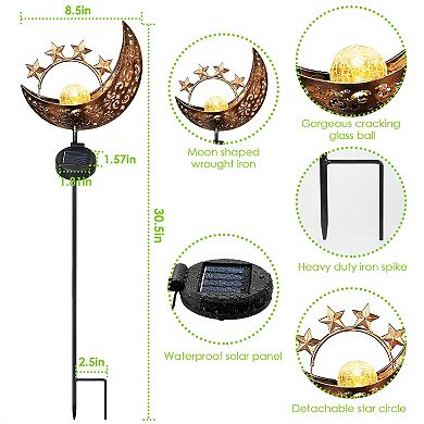 Solar Moon & Star Stake Lights, Crackle Glass Globe Decorative Lamps, IP54 Waterproof for Garden & Y