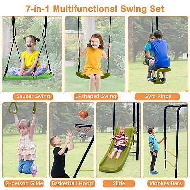 7-in-1 Stable A-shaped Outdoor Swing Set for Backyard