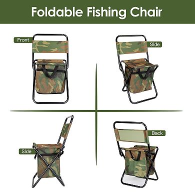 Foldable Fishing Chair with Backrest & Cooler Bag, Portable Outdoor Stool