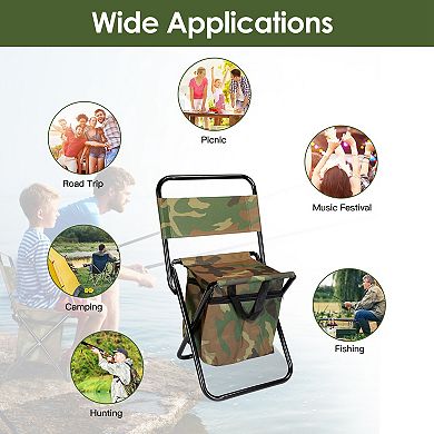 Foldable Fishing Chair with Backrest & Cooler Bag, Portable Outdoor Stool