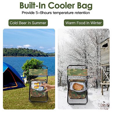 Foldable Fishing Chair with Backrest & Cooler Bag, Portable Outdoor Stool
