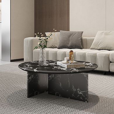 33.5" Marble Round Coffee Tables for Living Room, Space-Saving Coffee Table for Waiting Area