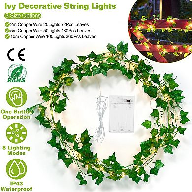 Artificial Ivy String Lights 360 Leaves, 100 LED Fairy Lights, Battery Powered