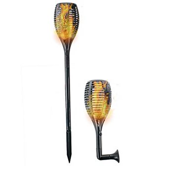 Solar Tiki Torch Lights Ambient Flickering Flames via 96 LEDs, Weatherproof for Outdoor, 2 Pack