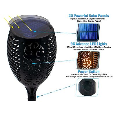 Solar Tiki Torch Lights Ambient Flickering Flames via 96 LEDs, Weatherproof for Outdoor, 2 Pack