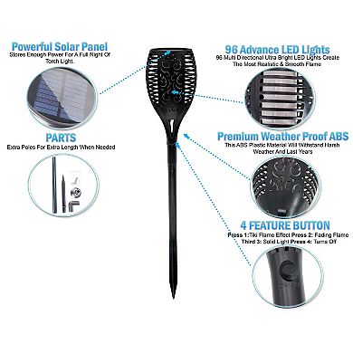 Solar Tiki Torch Lights Ambient Flickering Flames via 96 LEDs, Weatherproof for Outdoor, 2 Pack