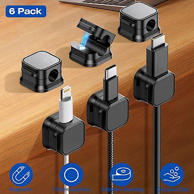 6 Pack Magnetic Cable Clips Cord Organizer Adhesive Wire Holders for Desk, Car & Nightstand