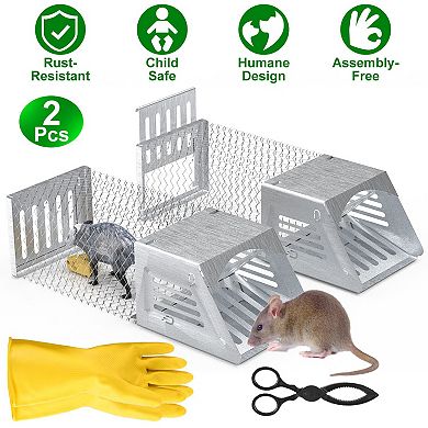 2Pcs Humane Mouse Trap Cages, Reusable Live Catch & Release Rat Traps with One-Way Door