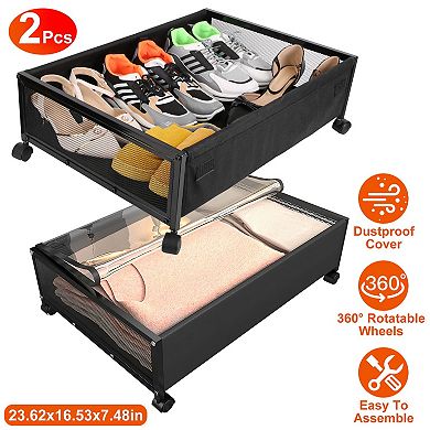 2-Pack Under Bed Storage Containers with Wheels, Clear Window, Dustproof Drawer Organizer