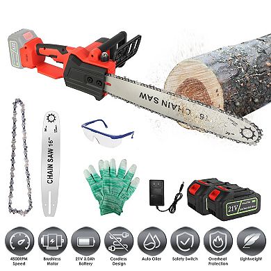 16" Cordless Electric Chainsaw, Brushless with 2x21V 3.0Ah Batteries & Charger