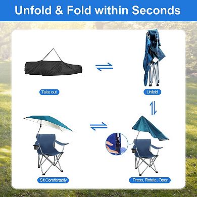 Foldable Beach Chair with Adjustable Canopy, Cup Holder, Umbrella & Carry Bag for Camping & Travel