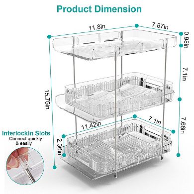 2 Pack 3-Tier Clear Bathroom Organizer Bins with Drawers Dividers Slide-Out Storage