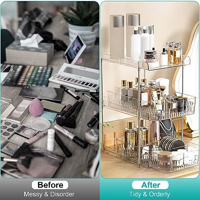 2 Pack 3-Tier Clear Bathroom Organizer Bins with Drawers Dividers Slide-Out Storage