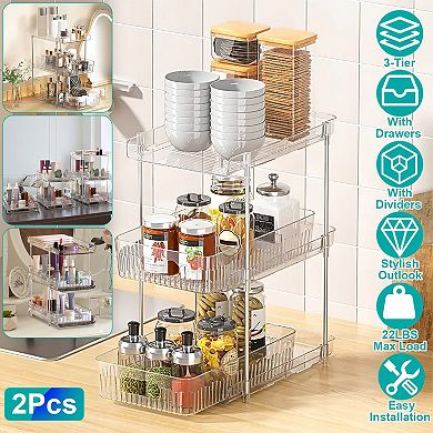 2 Pack 3-Tier Clear Bathroom Organizer Bins with Drawers Dividers Slide-Out Storage