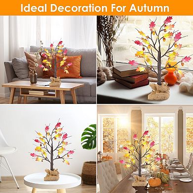 2Pcs 2FT Lighted Maple Tree with 24 Warm LEDs, Timer, Battery Powered for Fall Decor Indoor/Outdoor