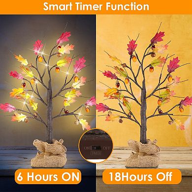 2Pcs 2FT Lighted Maple Tree with 24 Warm LEDs, Timer, Battery Powered for Fall Decor Indoor/Outdoor