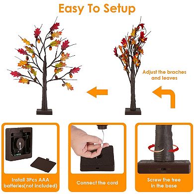 2Pcs 2FT Lighted Maple Tree with 24 Warm LEDs, Timer, Battery Powered for Fall Decor Indoor/Outdoor
