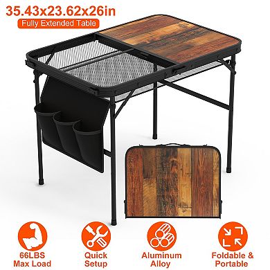 Foldable Camping Table 35"x23" Aluminum Grill Stand, Adjustable Height, 66lbs Load