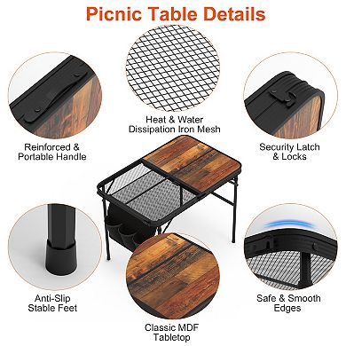 Foldable Camping Table 35"x23" Aluminum Grill Stand, Adjustable Height, 66lbs Load