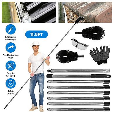 11.5FT Telescoping Gutter Cleaning Brush, Extendable Rain Gutter Tool with 2 Angled Brushes, Anti-Sl