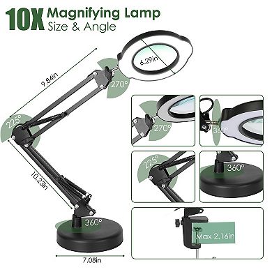10X Magnifying Glass Lamp with Stand & Clamp, LED Light, 5 Modes Dimmable for Reading & Crafts