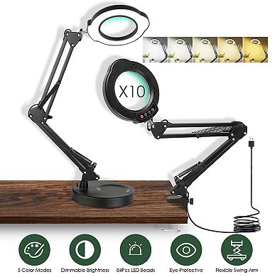 10X Magnifying Glass Lamp with Stand & Clamp, LED Light, 5 Modes Dimmable for Reading & Crafts