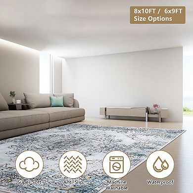 8x10FT Vintage Boho Area Rug Modern, Low Pile, Non-Slip, Waterproof & Machine Washable