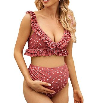 Maternity Two Piece Swimsuit Ruffle Trim High Waisted Bikini Set Adjustable Strap Stretchy Swimwear