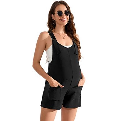 Maternity Square Neck Sleeveless Overalls Romper Adjustable Shoulder Straps Front Pockets Jumpsuits
