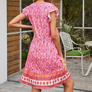 Maternity V Neck Short Ruffled Sleeve with Floral Print Flowy Midi Dress