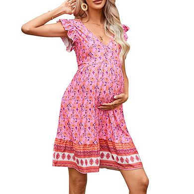 Maternity V Neck Short Ruffled Sleeve with Floral Print Flowy Midi Dress