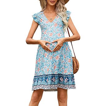 Maternity V Neck Short Ruffled Sleeve with Floral Print Flowy Midi Dress